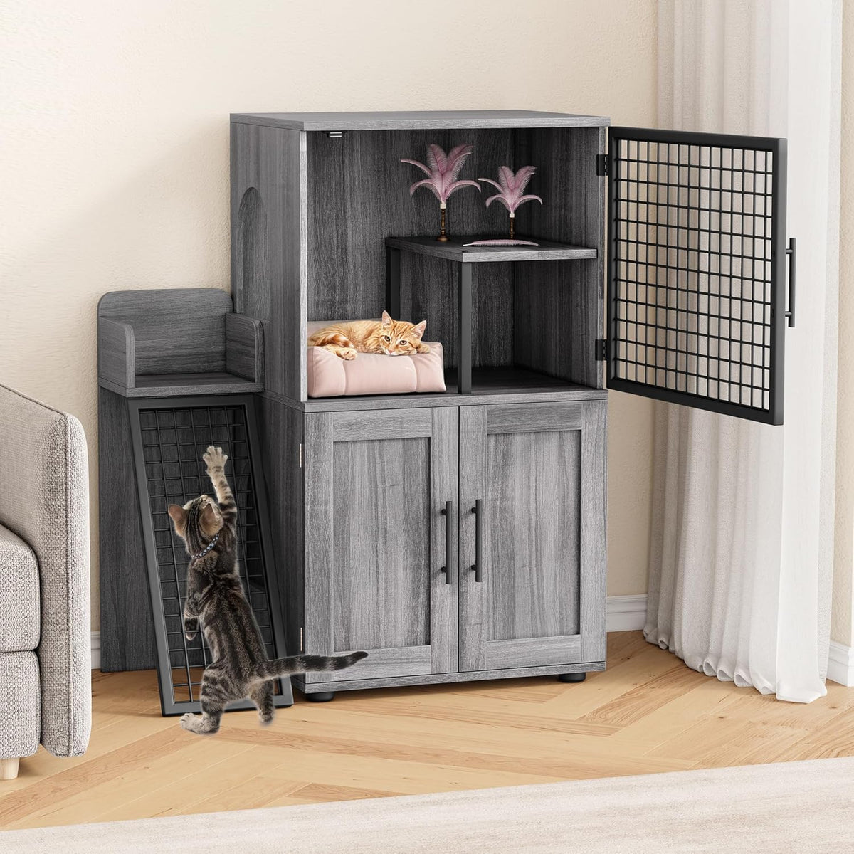 Cat Litter Box Enclosure with Platform, Double Layer Cat Litter Hidden Furniture, Large Cat Cabinet with Ladder, Wax Wood R239548