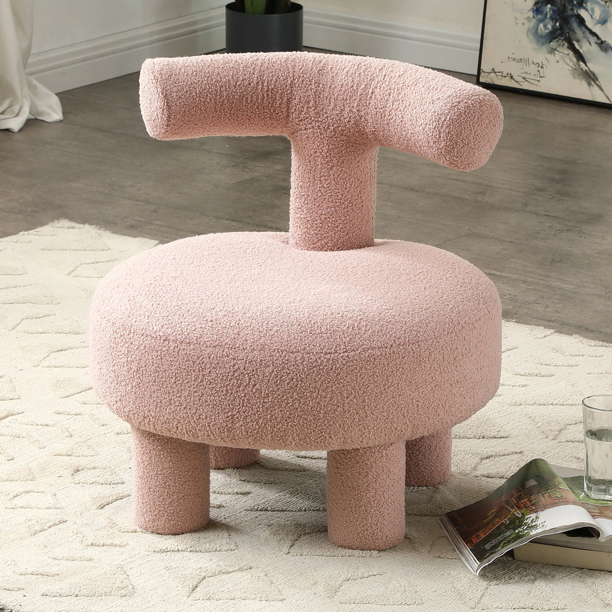Sherpa Fabric Upholstered Ottoman Pouf E12112