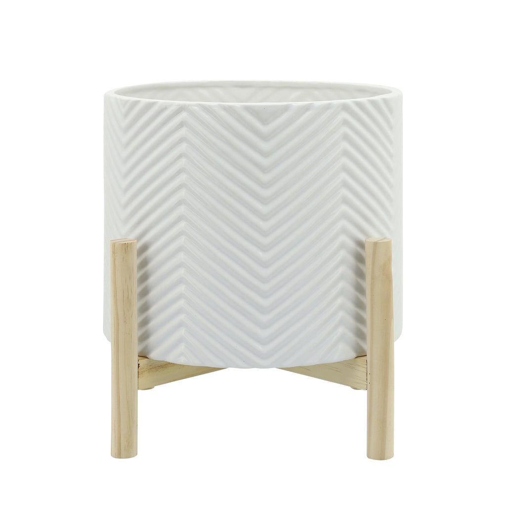 12" Ceramic Chevron Planter with Wood Stand L35383