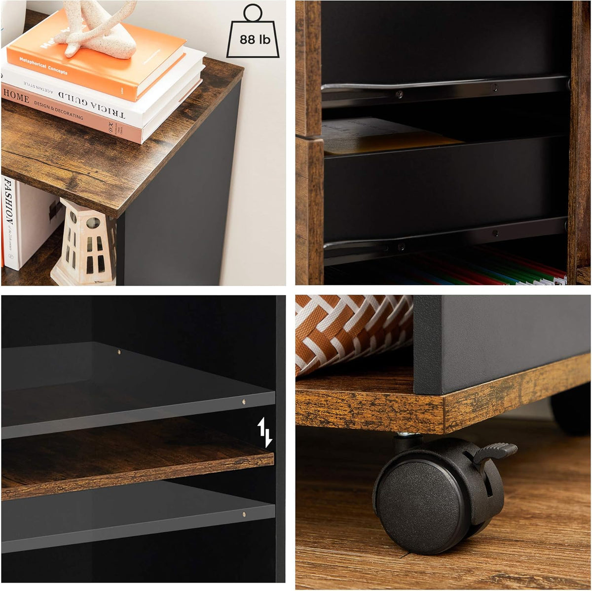 Industrial 3-Drawer Mobile Lateral Filing Cabinet, Rustic Brown and Black R94048