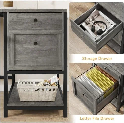 Rustic Brown L Shaped Desk with LED Lights and File Drawers M2119