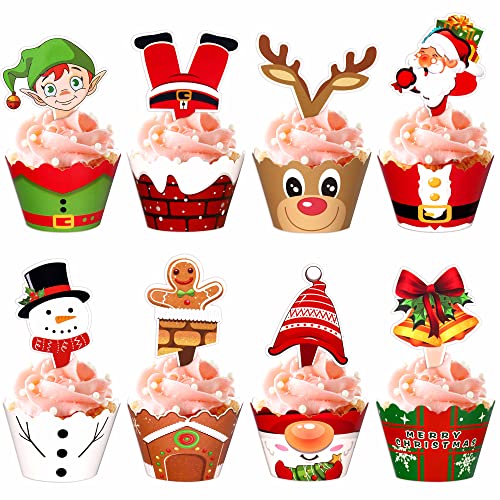 128 Pieces Christmas Cupcake Toppers Wrappers G53762