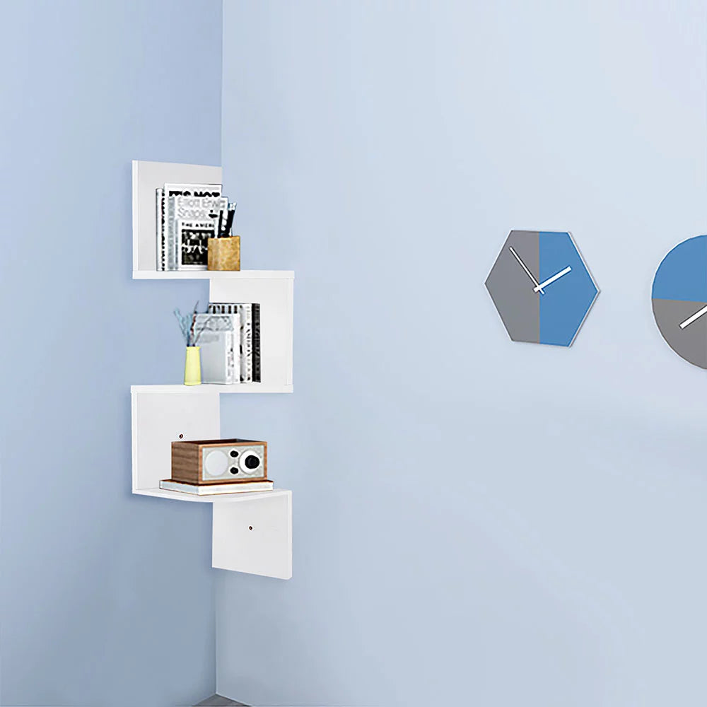 White 3 Tiers Zig Zag Floating Wall Mount Corner Shelf P140085