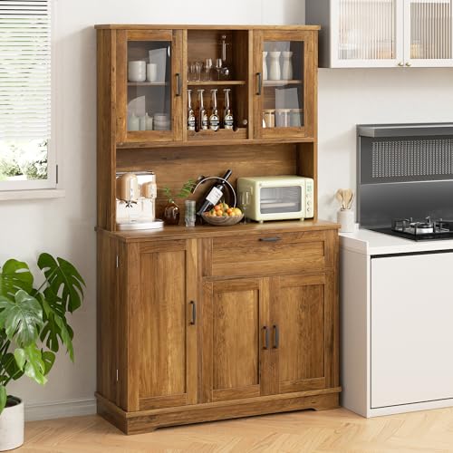 Brown Freestanding Kitchen Pantry Storage Cabinet with Microwave Stand, 4 Door Shelves, Adjustable Shelves and Wine Rack R524316