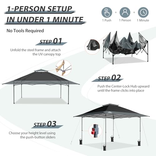 13x13 Pop Up Canopy Tent with Auto Extending Eaves Gray D744