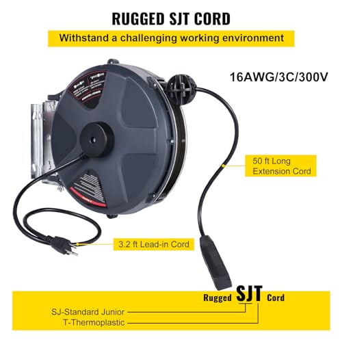 50 FT 14AWG/3C SJTOW Power Cord Reel with Lighted Triple Tap Outlet K499482