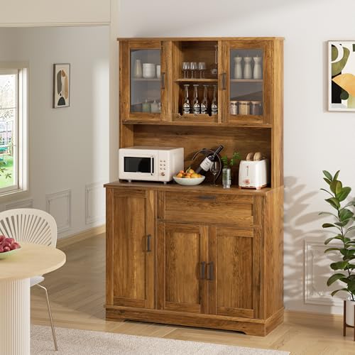 Brown Freestanding Kitchen Pantry Storage Cabinet with Microwave Stand, 4 Door Shelves, Adjustable Shelves and Wine Rack R524316