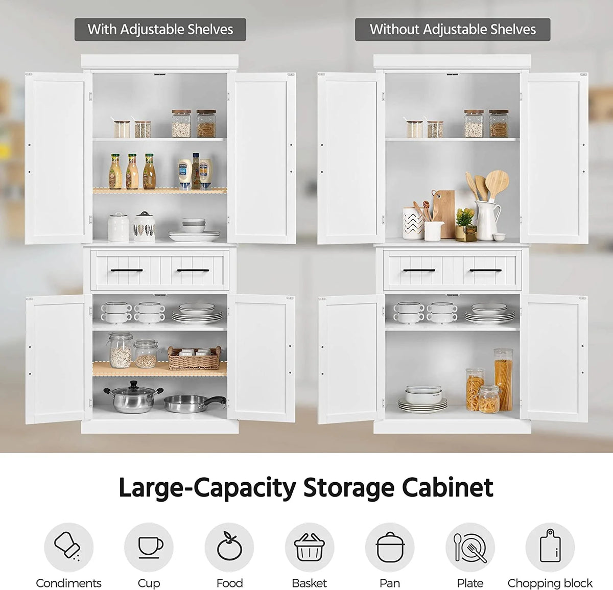 White Freestanding Kitchen Pantry Storage Cabinet with Drawer and 2 Adjustable Shelves X36222