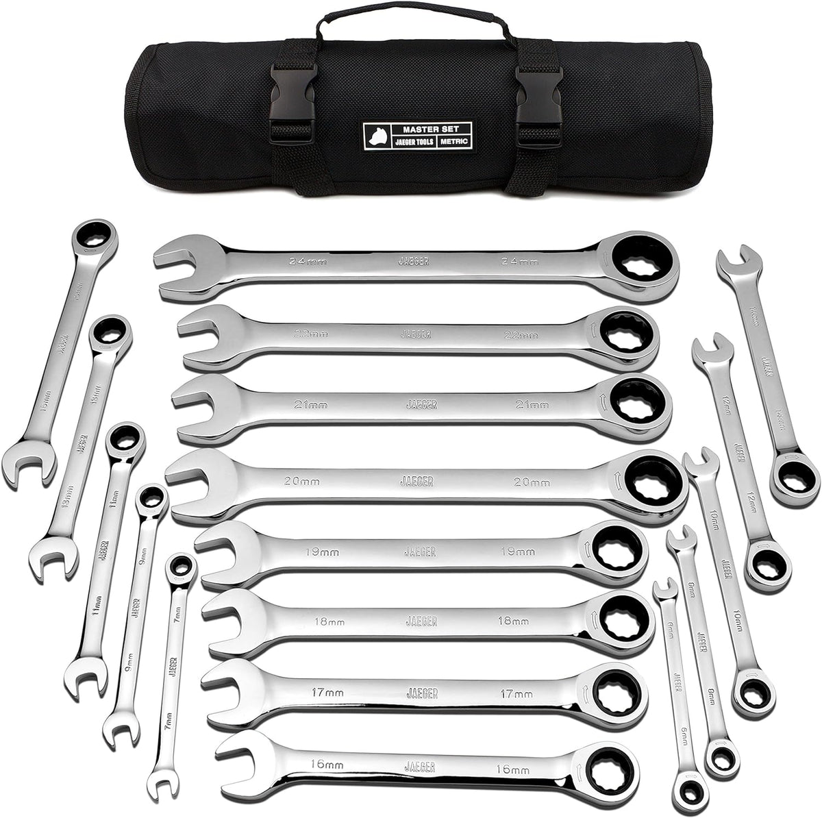 18pc MM/Metric Ratcheting Combination Wrench Set with Rollup Case P82010
