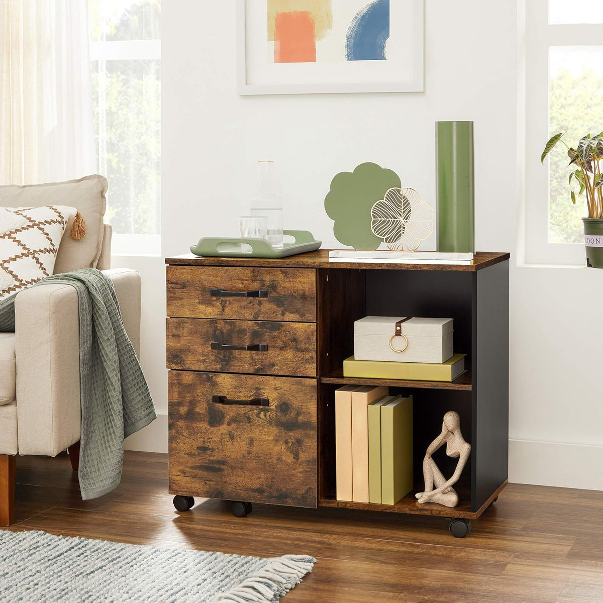 Industrial 3-Drawer Mobile Lateral Filing Cabinet, Rustic Brown and Black R94048