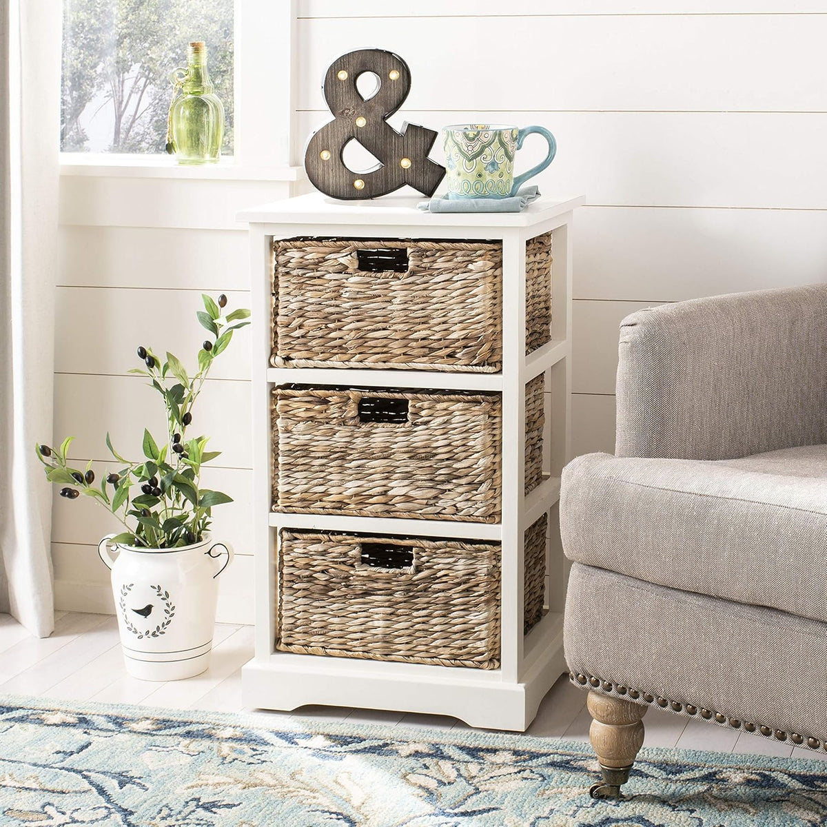 Distressed Black 3 Wicker Basket Storage Side Table N396