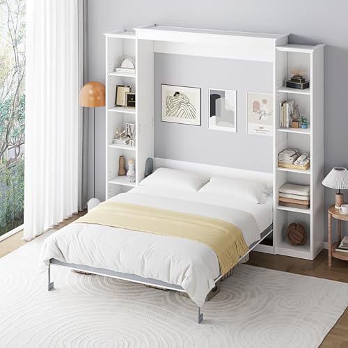 White Queen Murphy Bed Cabinet with 5-Tier Adjustable Storage Shelves E138