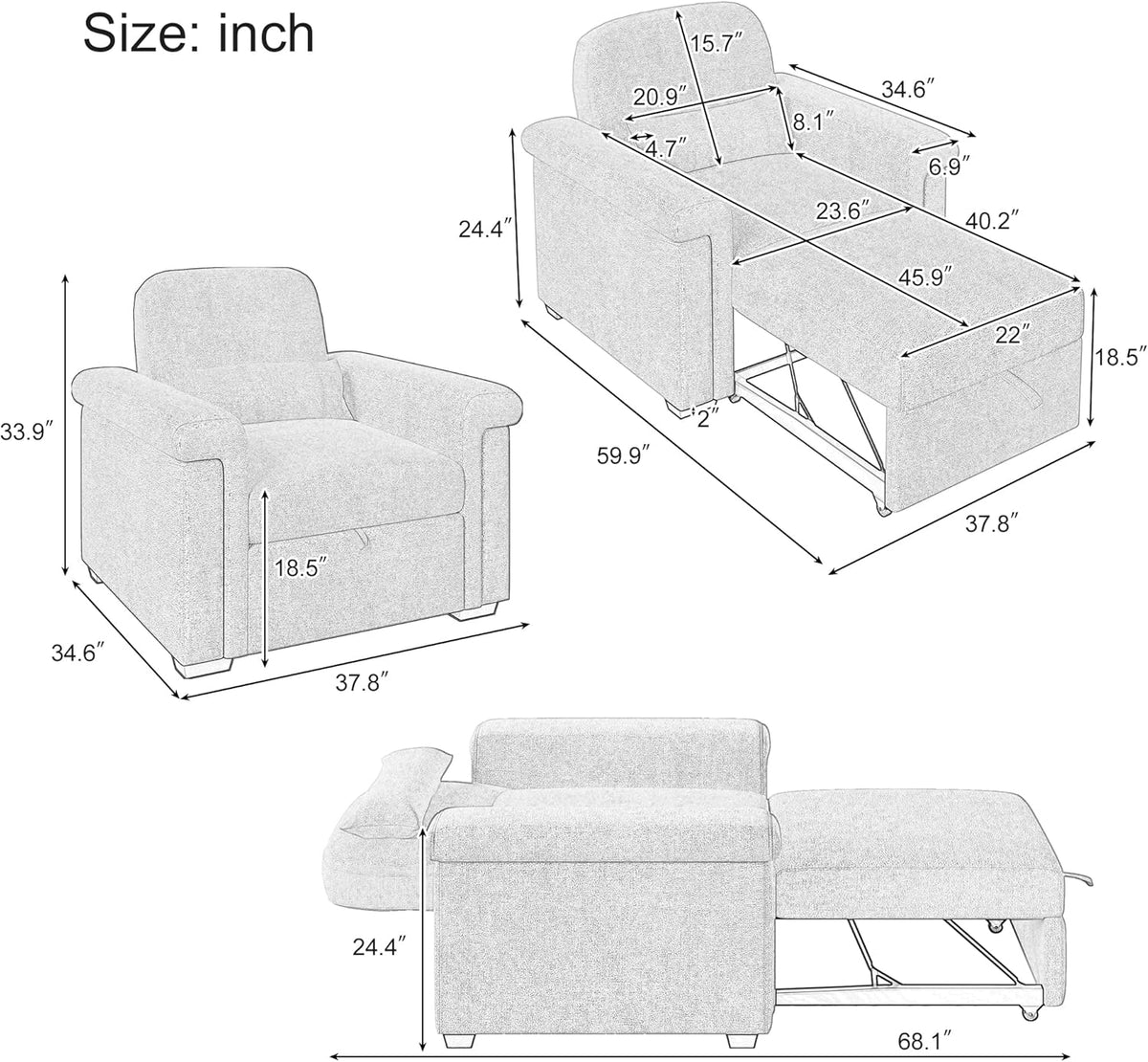 Dark Blue 3 in 1 Convertible Sleeper Chair Sofa Bed with Pillow W492