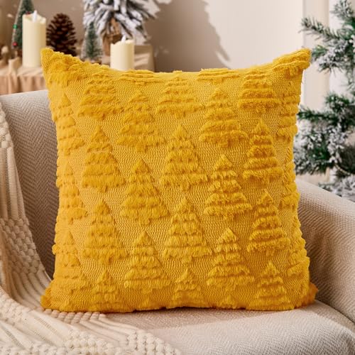 Dark Green Christmas Tree Pillow Covers 18 x 18 Set of 2 Plush Faux Fur S578