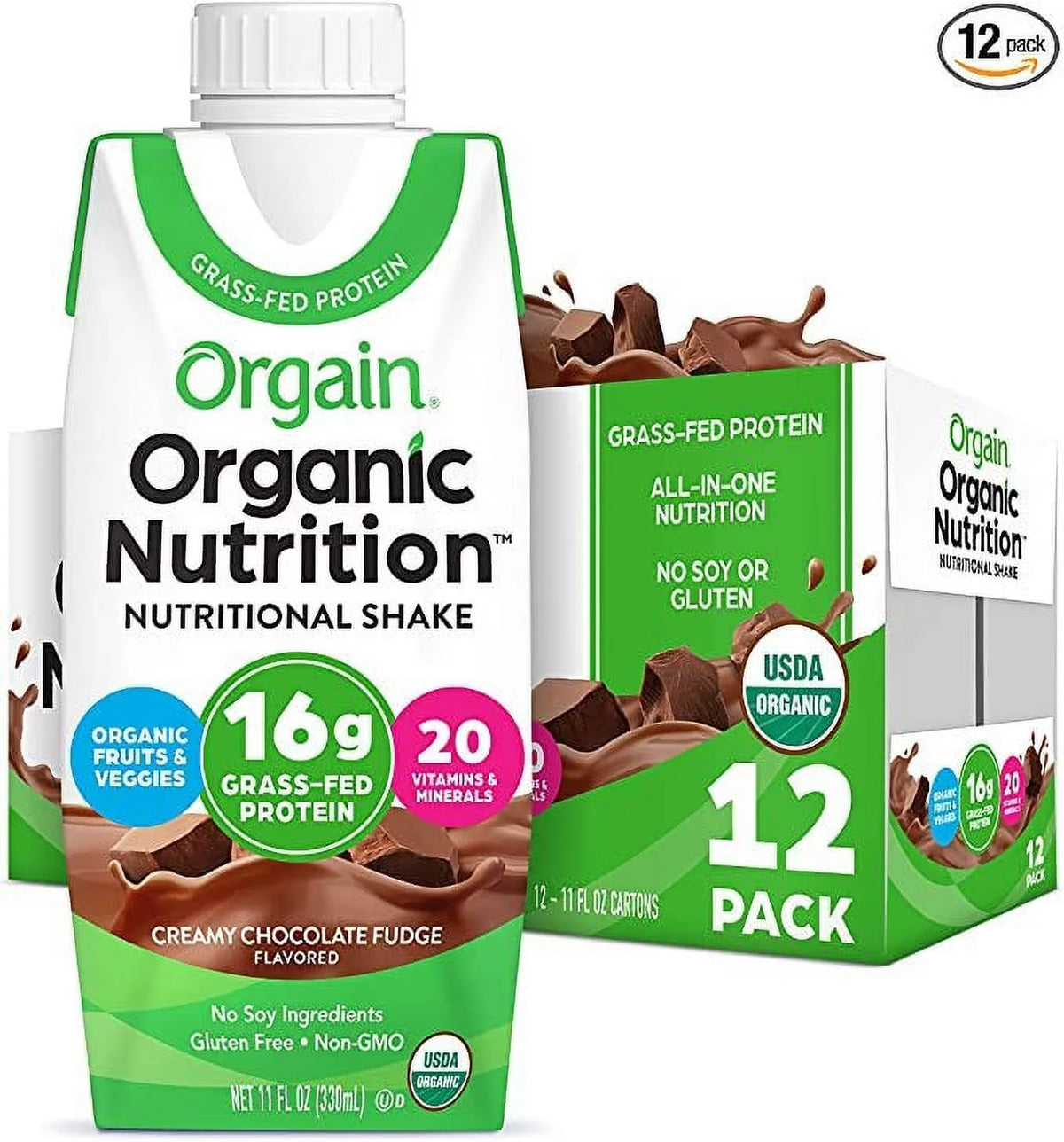 Organic Nutritional Shake, Creamy Chocolate Fudge, 16g Whey Protein, 11 Fl Oz, Pack of 12 T16276