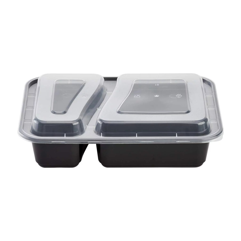 38 oz. Black Rectangular 2-Compartment Food Containers with Clear Lids E681