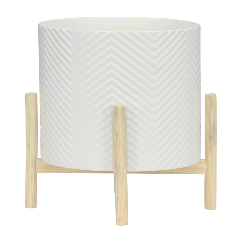 12" Ceramic Chevron Planter with Wood Stand L35383