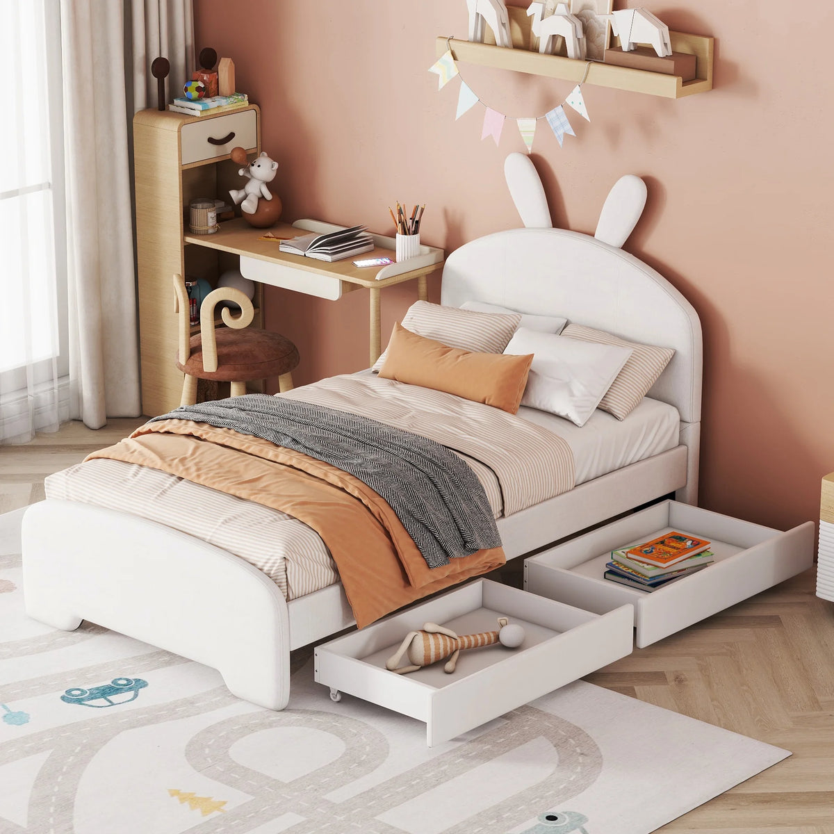 Upholstered Twin Bed with 2 Drawers N7863