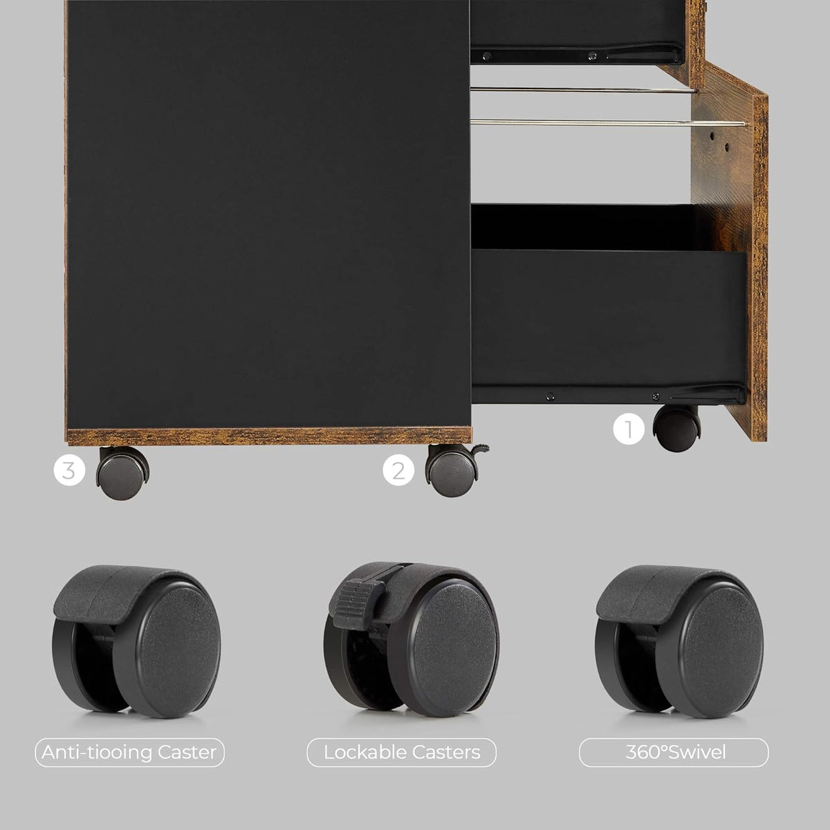 Industrial 3-Drawer Mobile Lateral Filing Cabinet, Rustic Brown and Black R94048