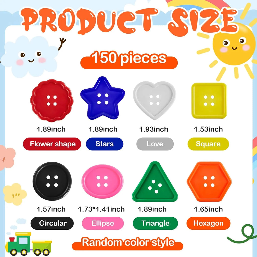 150 Pieces Big Bright Buttons 8 Vivid Colors 8 Large Shapes G509