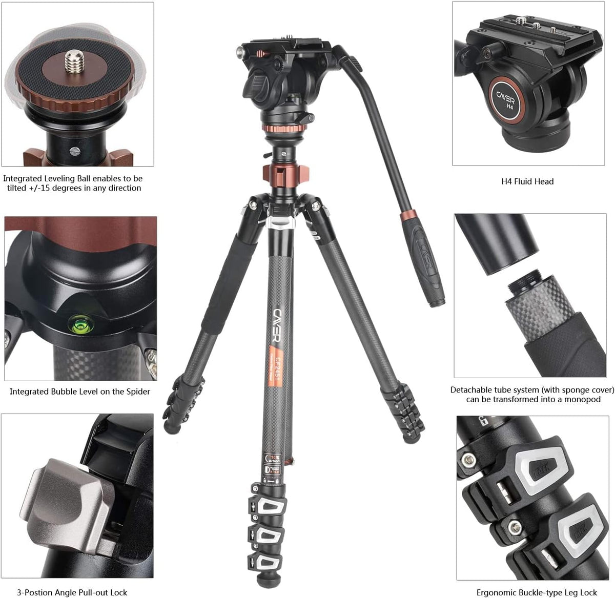 67 inches Carbon Fiber 4-Section Video Tripod with Fluid Drag Head G565365