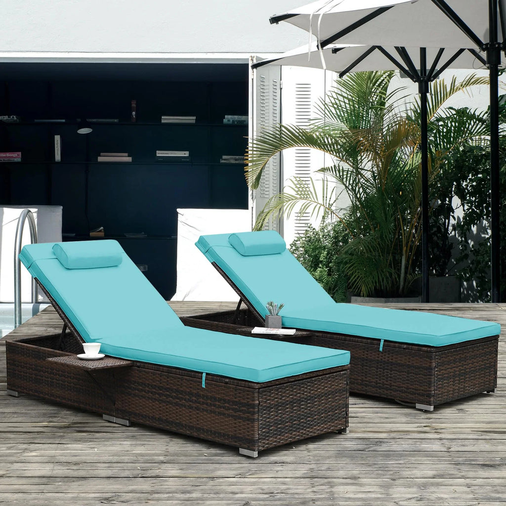 Rattan Wicker Chaise Lounge Set of 2 with Adjustable Backrest and Removable Cushions F3345
