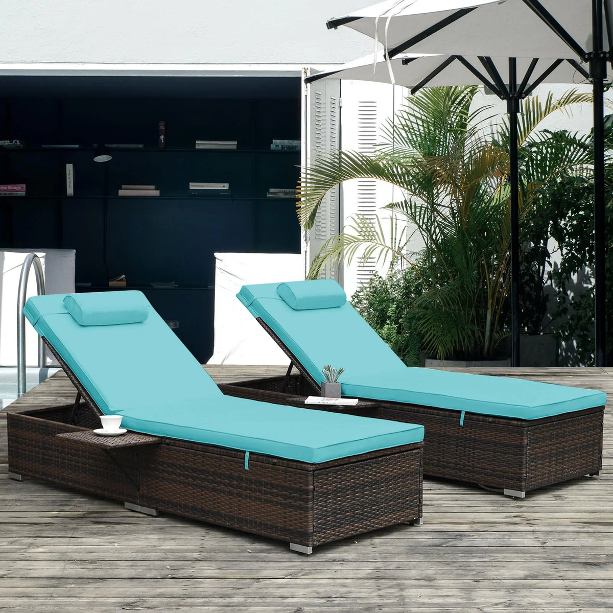 Rattan Wicker Chaise Lounge Set of 2 with Adjustable Backrest and Removable Cushions F3345