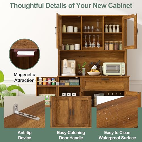 Brown Freestanding Kitchen Pantry Storage Cabinet with Microwave Stand, 4 Door Shelves, Adjustable Shelves and Wine Rack R524316
