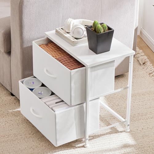 Nightstand with 2 Storage Drawers, Wooden Top Fabric Cabinet K31422