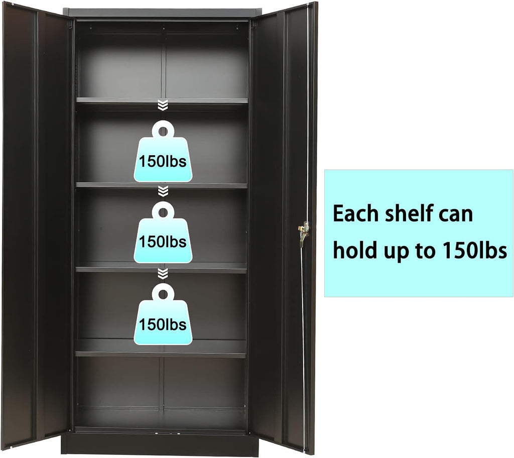 Lockable Black Steel Storage Cabinet with 2 Doors and 4 Shelves B4638