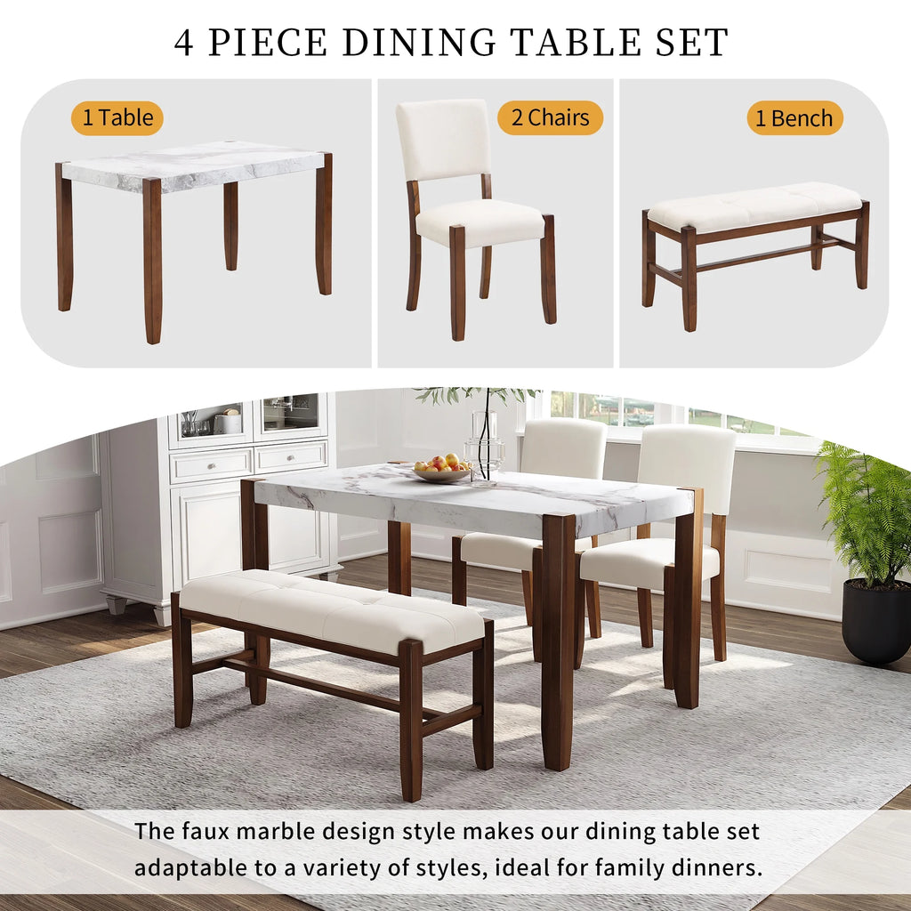 4-Piece Faux Marble Dining Furniture Set with 2 Upholstered Chairs & Bench D727089