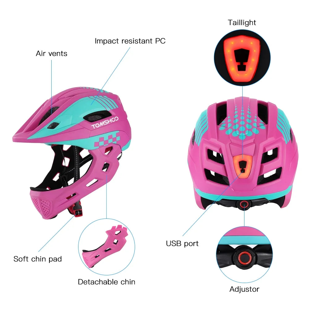 Kid Bike Full Face Helmet with Taillight and Detachable Chin Guard L824