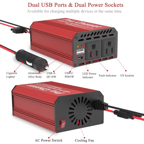 400W Vehicle Power Inverter, 12V DC to 110V AC, Dual AC Outlets, USB-A & USB-C Ports Z426