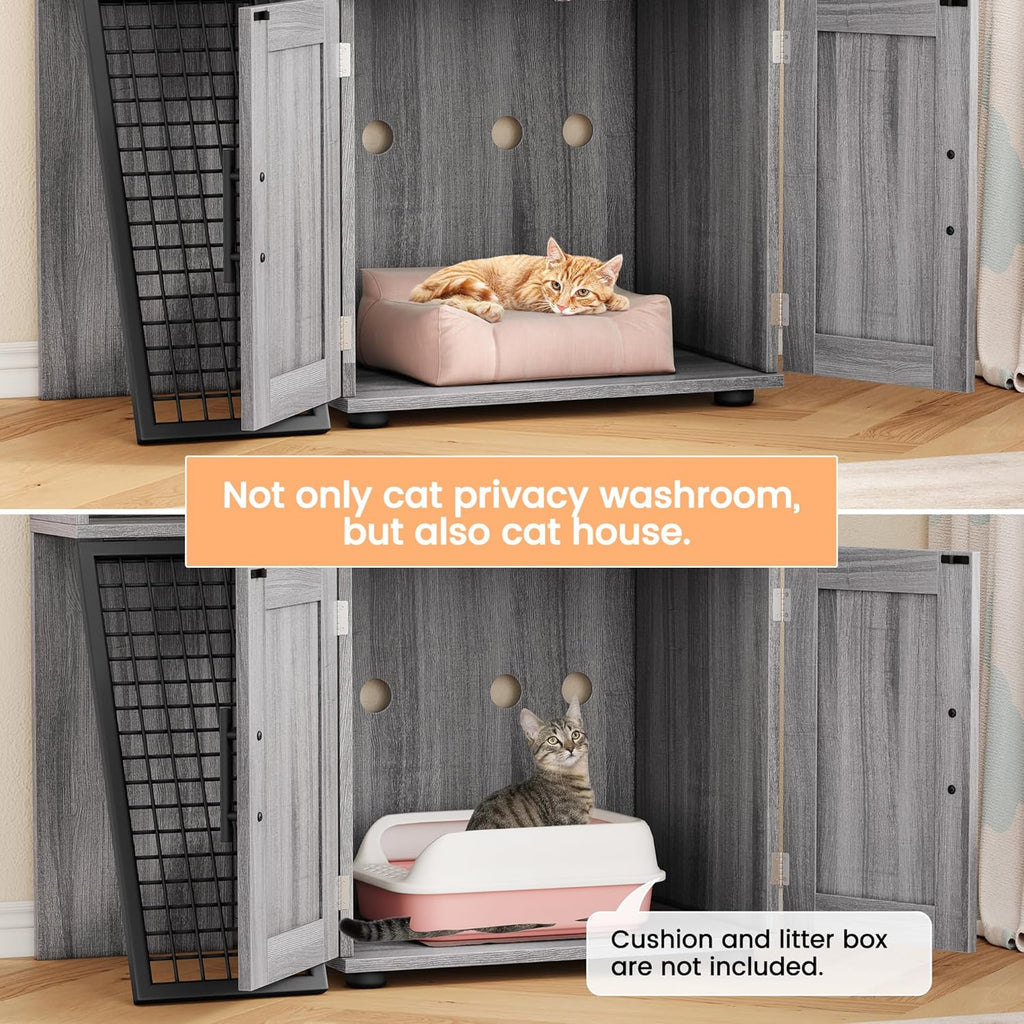 Cat Litter Box Enclosure with Platform, Double Layer Cat Litter Hidden Furniture, Large Cat Cabinet with Ladder, Wax Wood R239548