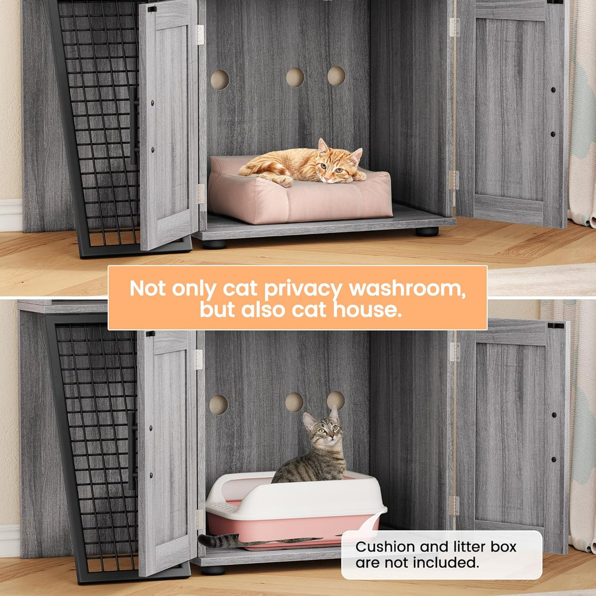 Cat Litter Box Enclosure with Platform, Double Layer Cat Litter Hidden Furniture, Large Cat Cabinet with Ladder, Wax Wood R239548