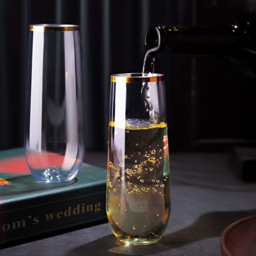 48 Pack 9 Oz Plastic Stemless Champagne Flutes with Gold Rim J548