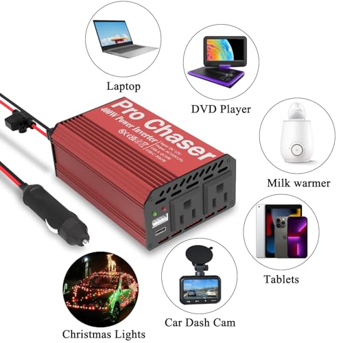 400W Vehicle Power Inverter, 12V DC to 110V AC, Dual AC Outlets, USB-A & USB-C Ports Z426