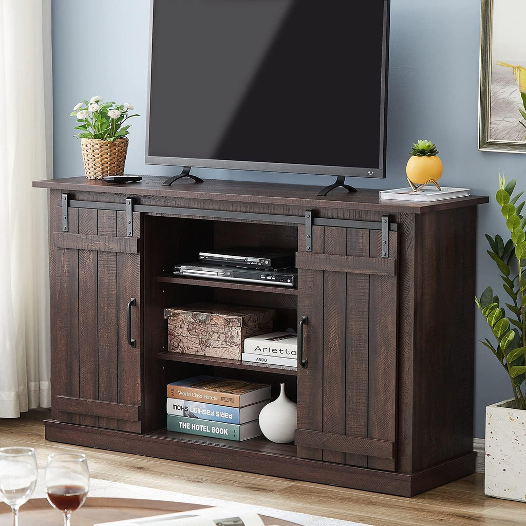 Dark Brown Wood TV Stand with Sliding Barn Door Y9254