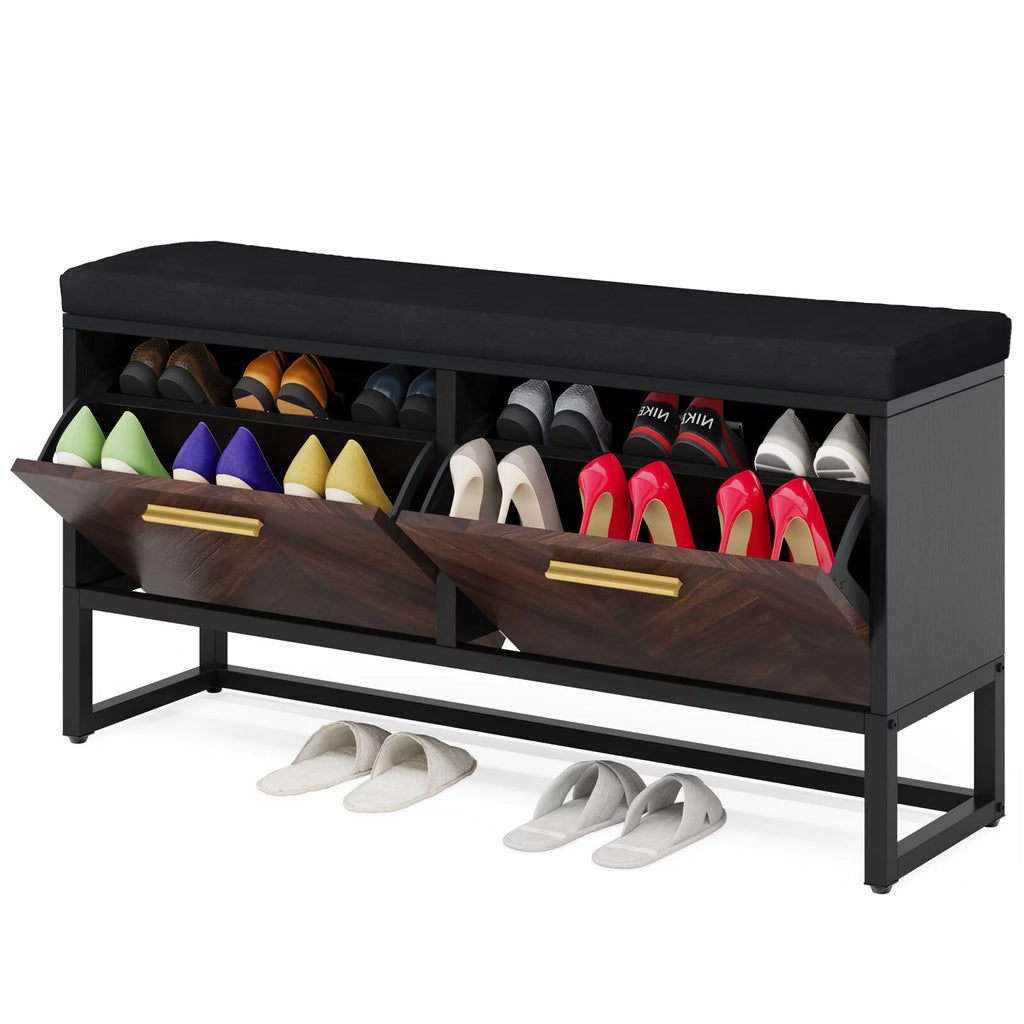 Shoe Storage Bench with Cushion & 2 Flip Drawers Z373259