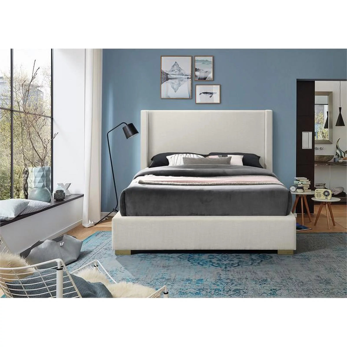 Beige Linen Textured Fabric King Bed E9601