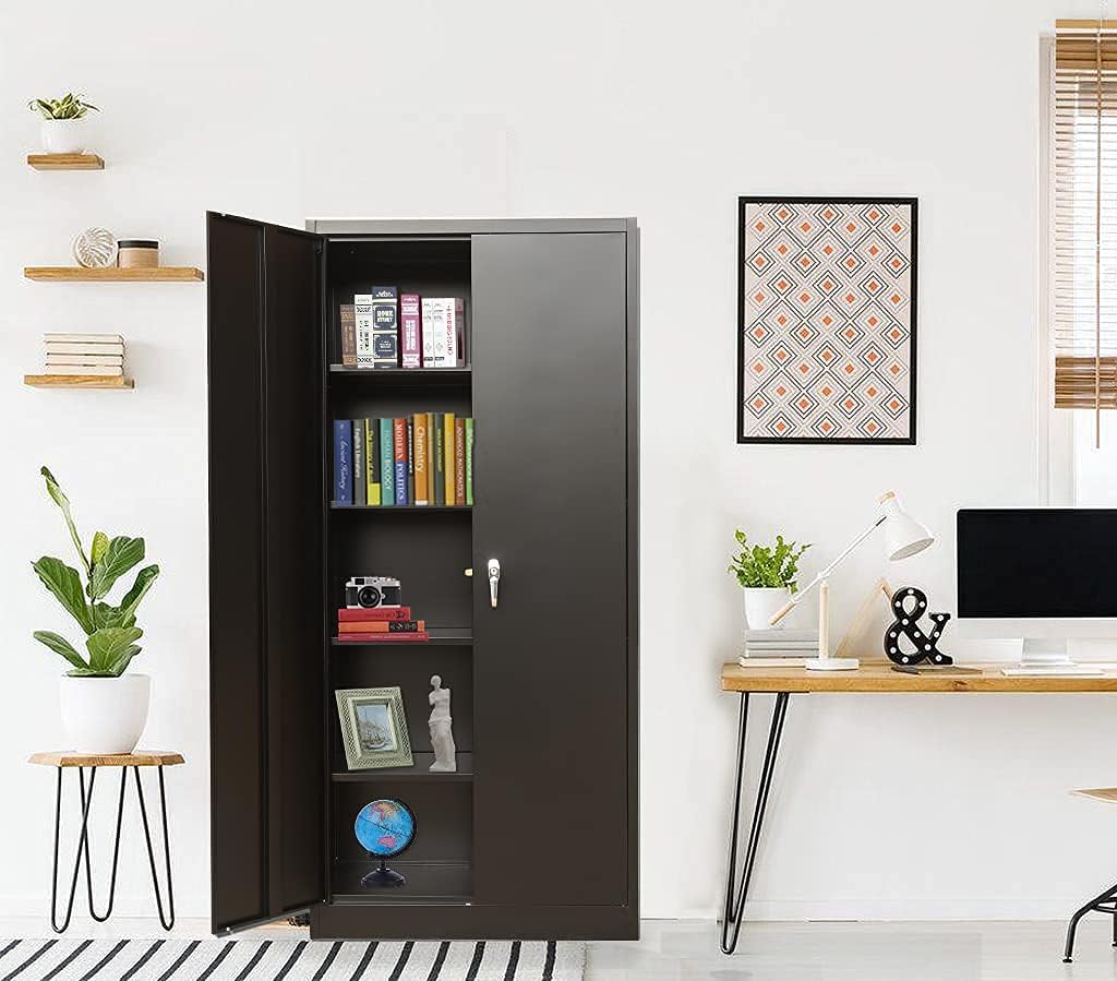 Lockable Black Steel Storage Cabinet with 2 Doors and 4 Shelves B4638