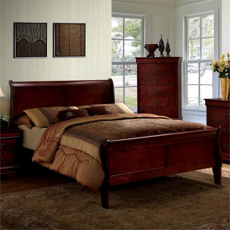 Queen Wood Sleigh Bed in Cherry Q508715