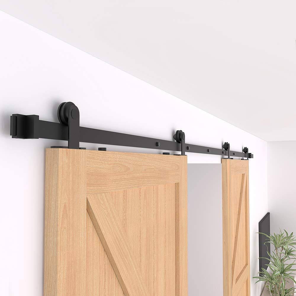 Frosted Black Top Mount Sliding Barn Door Hardware Track Kit for Double Doors with Non-Routed Floor Guide L97648