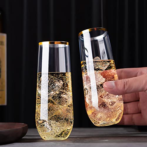 48 Pack 9 Oz Plastic Stemless Champagne Flutes with Gold Rim J548
