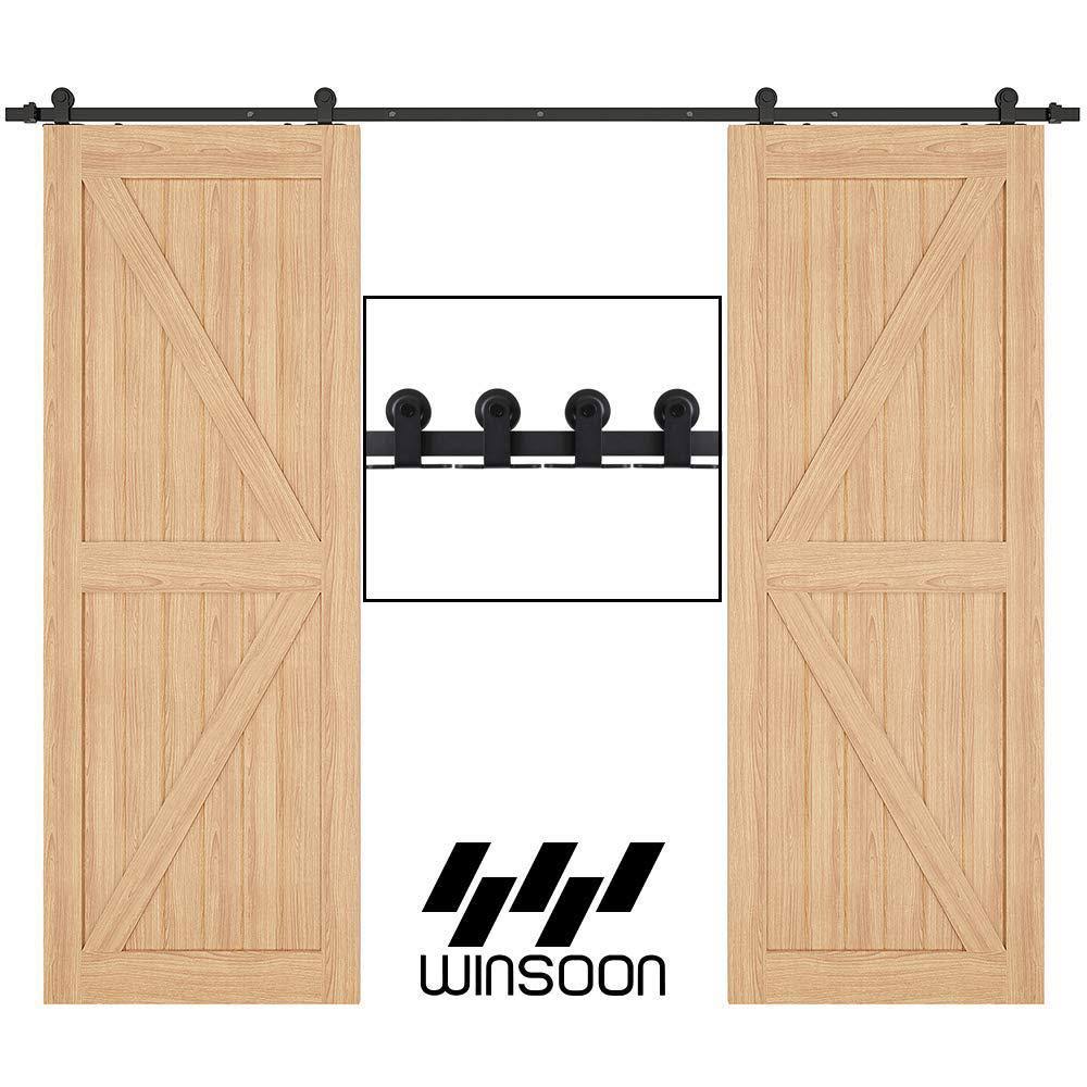 Frosted Black Top Mount Sliding Barn Door Hardware Track Kit for Double Doors with Non-Routed Floor Guide L97648