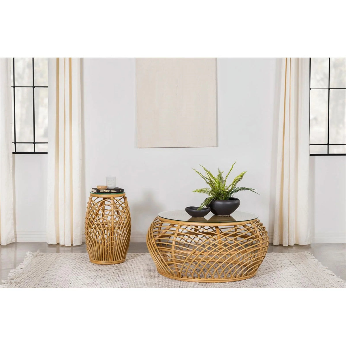Rattan Round Glass Top Coffee Table L8785