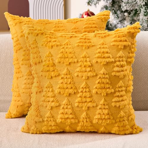 Dark Green Christmas Tree Pillow Covers 18 x 18 Set of 2 Plush Faux Fur S578