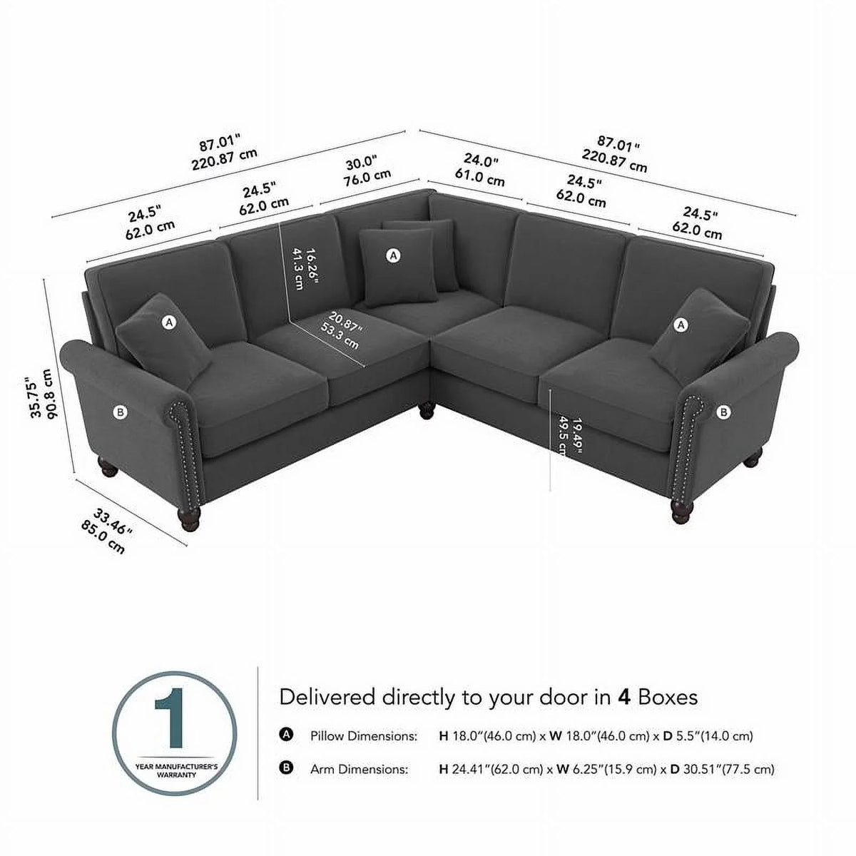 Charcoal Gray Herringbone Fabric L Shaped Sectional G765
