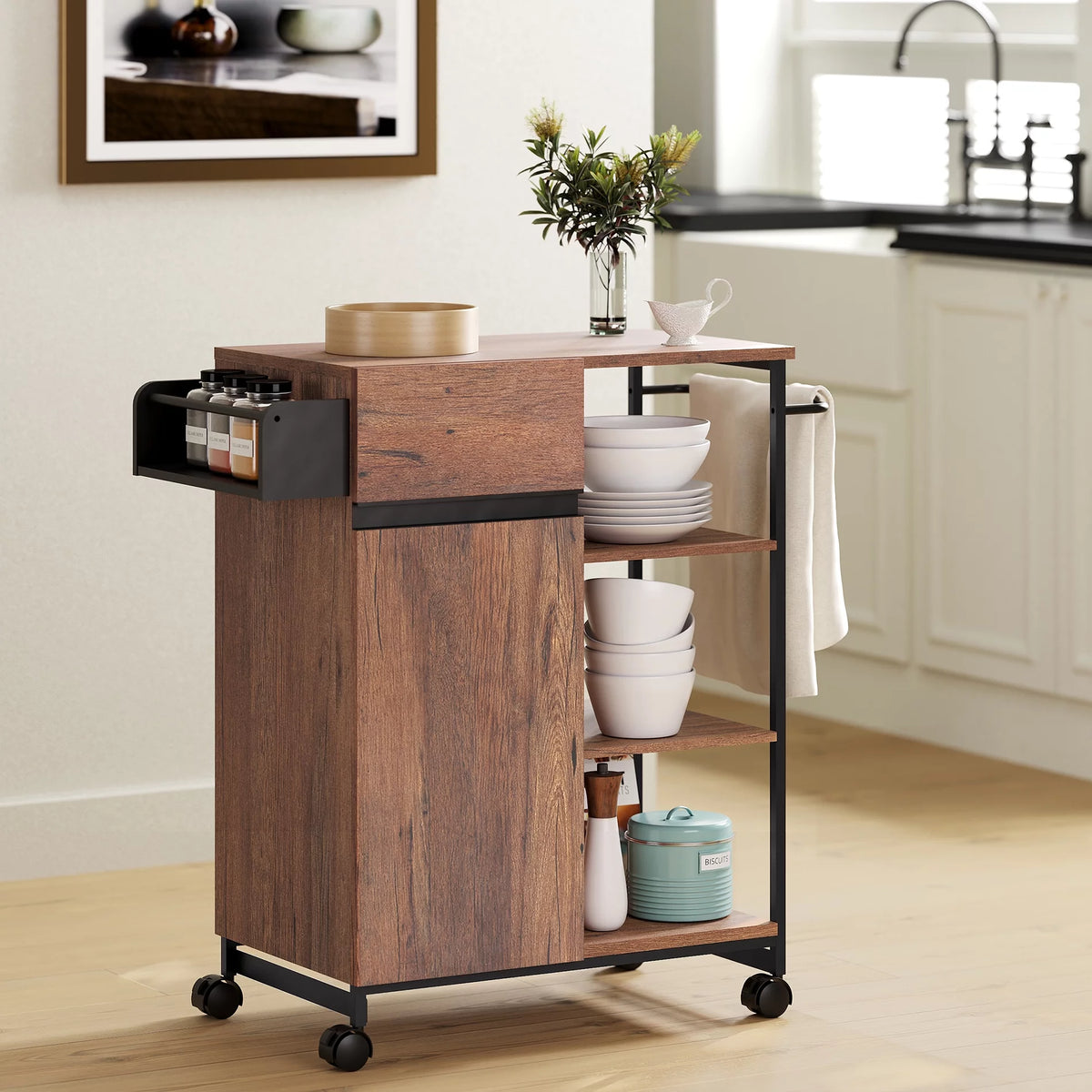Kitchen Island on Wheels with Open Shelf V513730