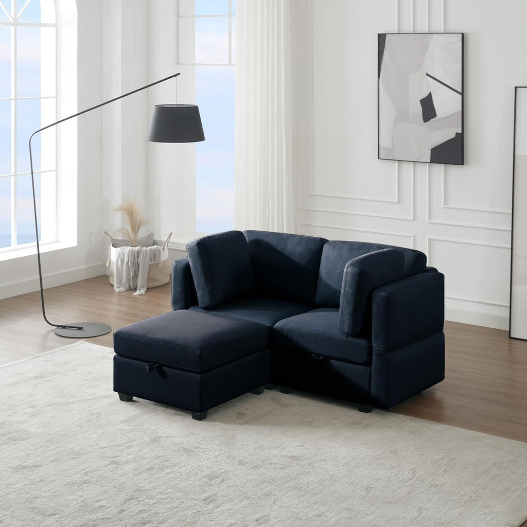 Blue 2 Seater Sectional Sofa with Ottoman and Storage Q8955